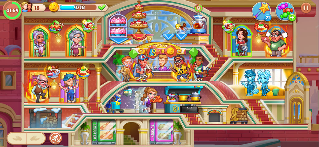 Hotel Fever Tycoon - Jugabilidad de gestión de hotel ocupado en Hotel Fever Tycoon con personal sirviendo a los huéspedes