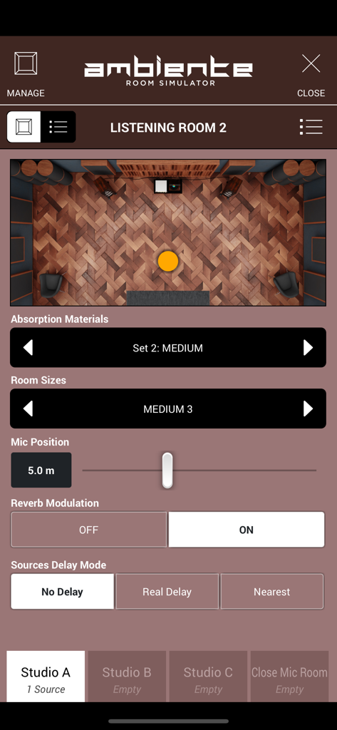 Interface of the Ambiente Room Simulator in the SWAM Tenor Sax app showing acoustic settings and microphone positioning