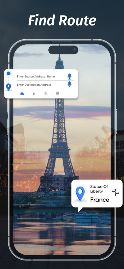 Street View Map Watch 3D View - Find Route interface on the Street View Map app showing navigation options and a background of the Eiffel Tower