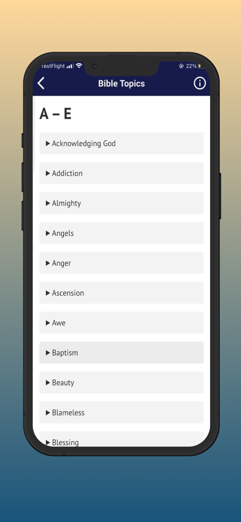 Bible: with study tools - A mobile app screen displaying an alphabetical list of Bible study topics from A to E including Angels and Baptism
