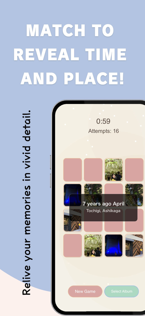 Awase - Photo Memory Game - Una captura de pantalla de la aplicación Awase que muestra un juego de emparejar cartas de memoria donde las parejas revelan la hora y la ubicación de una foto personal.