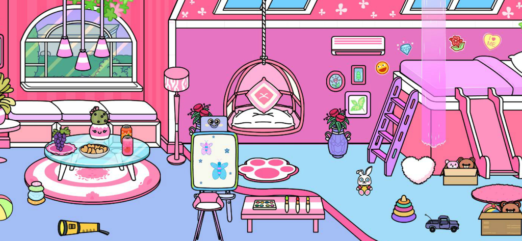 Pink Home Design - Girl Games - A vibrant pink cartoon bedroom featuring a bunk bed with a slide, a hanging egg chair, and an art easel