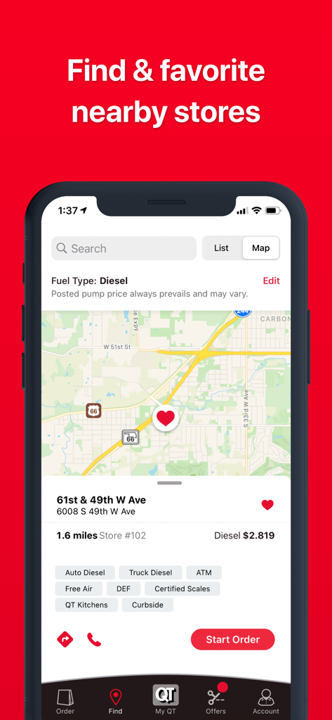 QuikTrip: Coupons, Fuel, Food - QuikTrip mobile app showing a map of nearby stores with gas prices and amenity filters