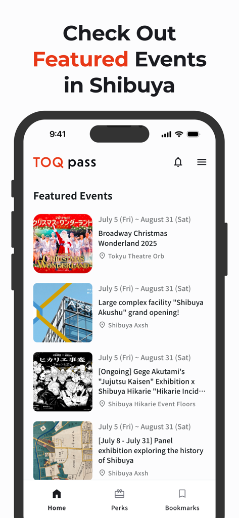 Shibuya TOQ Pass - Shibuya TOQ Pass mobile app screen showing a list of featured events in Shibuya including exhibitions and grand openings.