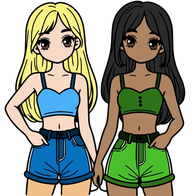 two sisters with crop tops and jean shorts and straight hair