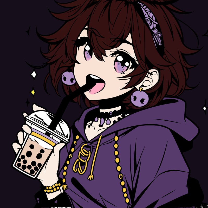 hot baddie anime girl drinking boba and biting the straw