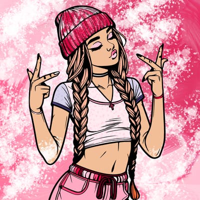 realistic teenage girl with braids and a beanie and crop top doing 🫶🏼