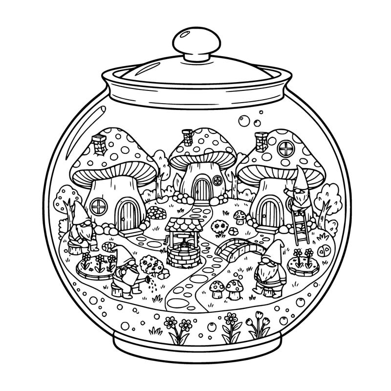 a fish bowl with a lid and a gnome village inside