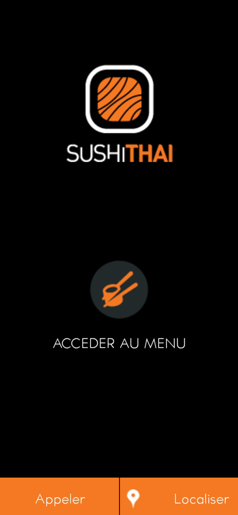 SUSHI THAI app home screen with a button to access the menu and options to call or locate the restaurant