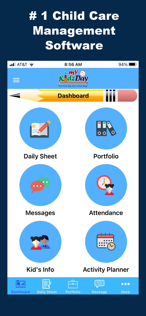 MyKidzDay Staff -Childcare App - MyKidzDay Staff app dashboard displaying features like daily sheets, messages, attendance tracking, and activity planner