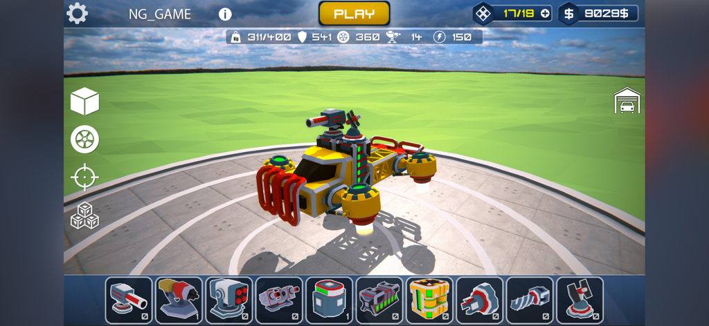 Custom battle car with rocket boosters and turrets in the building interface