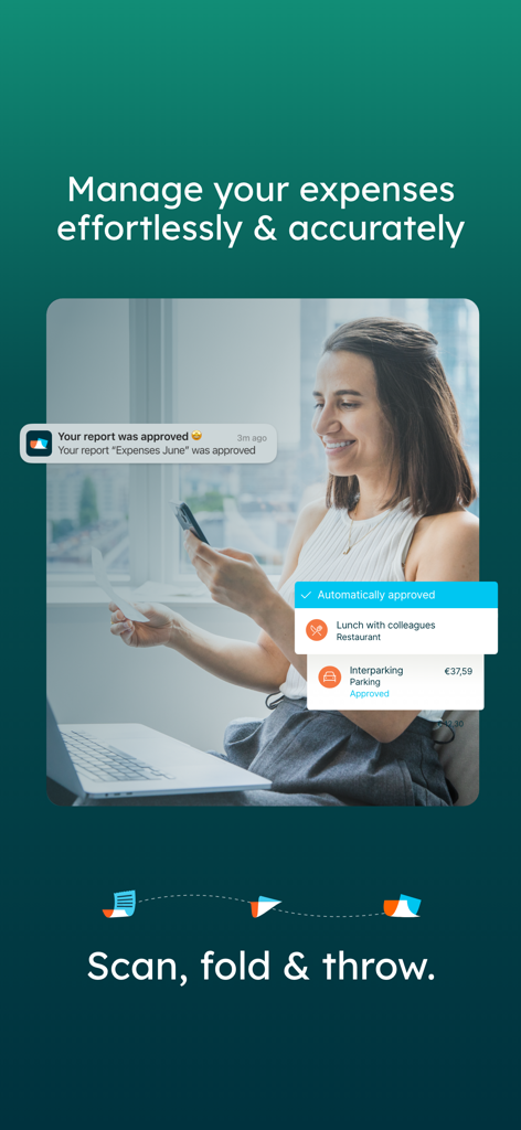 Frau scannt einen Papierbeleg für müheloses Geschäftsspesenmanagement mit der Declaree-App