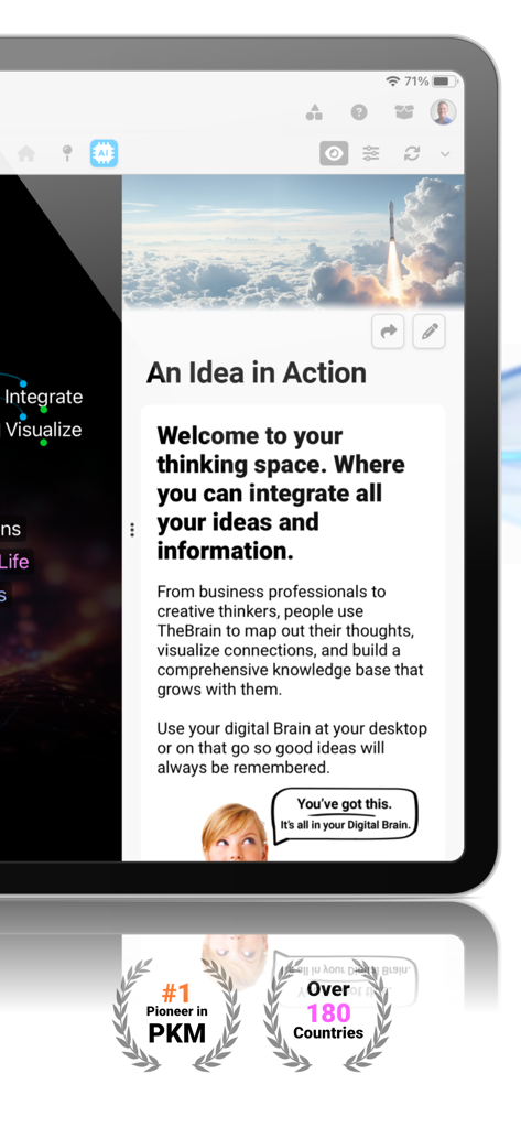 TheBrain: Smart Notes & Links - iPad에서 TheBrain 앱의 인터페이스는 생각 공간과 개인 지식 관리 기능을 보여줍니다.
