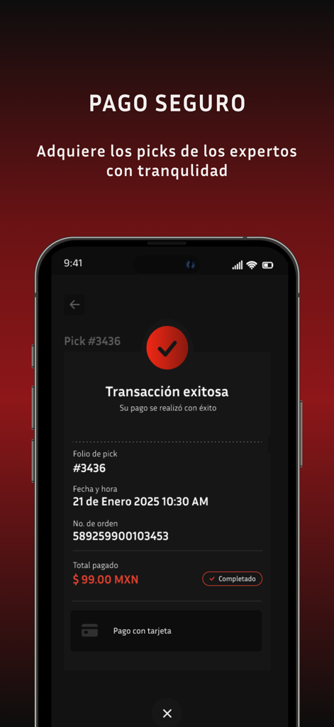 A mobile screen from the Los Reyes app showing a successful transaction for sports betting picks