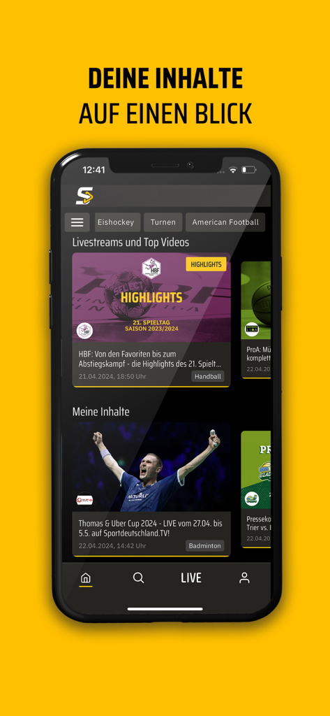 Home screen of the Sporteurope.TV app featuring live German sports content