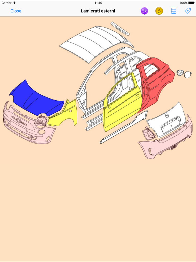 iWinCar - Exploded view diagram of vehicle body panels in the iWinCar app for repair estimation