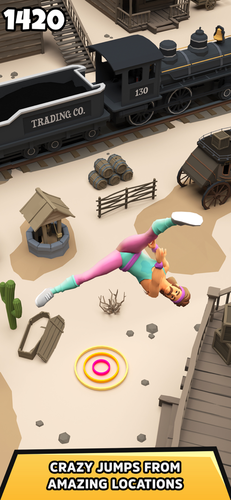 Street Diver game character performing a flip stunt in a Wild West setting with a train and targets