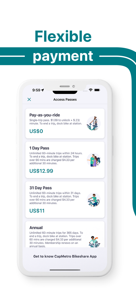 CapMetro Bikeshare - CapMetro Bikeshare app screen showing flexible payment options including Pay-as-you-ride, 1 Day Pass, 31 Day Pass, and Annual membership.