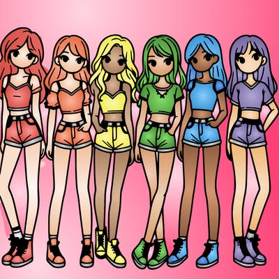 a group of girls wearing crop tops and shorts