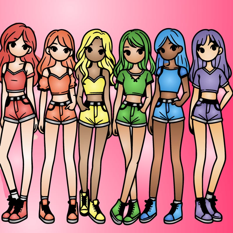 a group of girls wearing crop tops and shorts