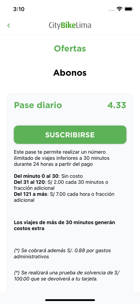 CityBike Lima - Interfaz de la app CityBike Lima mostrando la oferta de suscripción de pase diario con precios y detalles del viaje.
