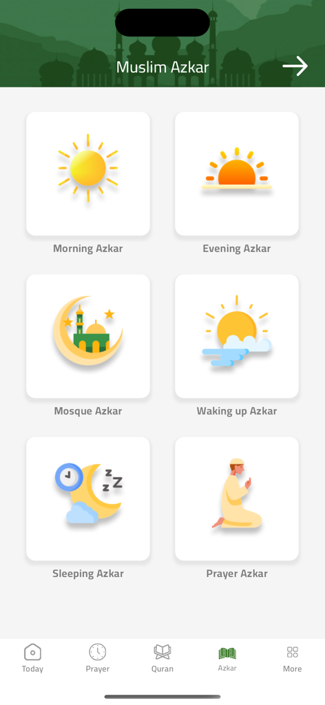 Muslim: Adhan Azkar Quran - Mobile app interface displaying categories for daily Islamic supplications like morning evening and prayer azkar