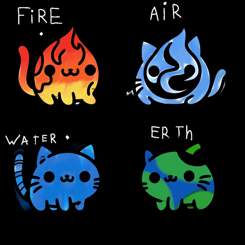 4 cats that represent the different elements, earth, water, air, and fire