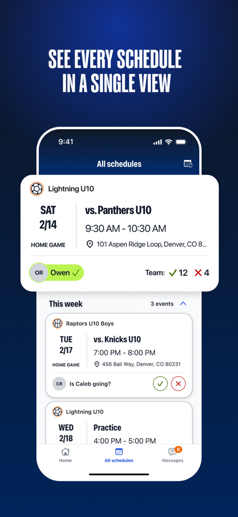 TeamSnap ONE - A mobile app interface displaying a unified view of sports schedules for multiple youth teams.