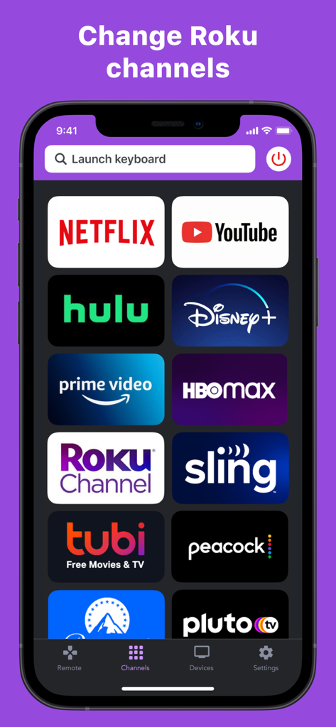 RoByte: Remote for Roku TV App - RoByte app interface showing a grid of streaming channel icons for quick selection on Roku TV