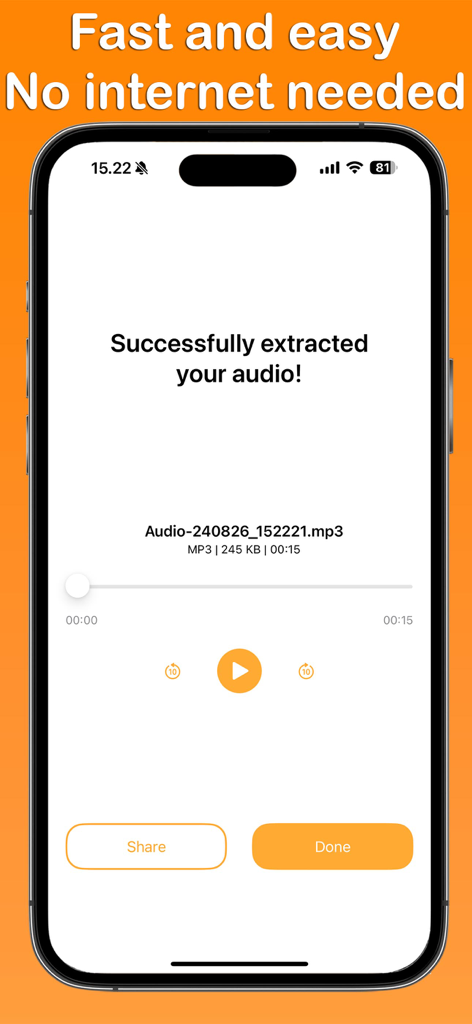 Audio Extractor app interface showing a successfully extracted MP3 file with play and share options.