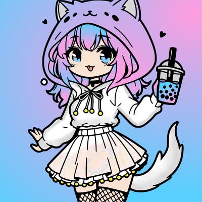 a anime girl with a fluffy cat hoodie with a skirt on and holding boba