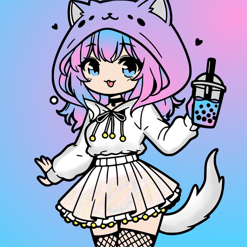 a anime girl with a fluffy cat hoodie with a skirt on and holding boba