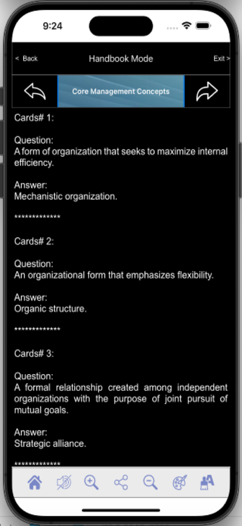 Business management study cards interface for BBA and MBA students showing core management concepts.