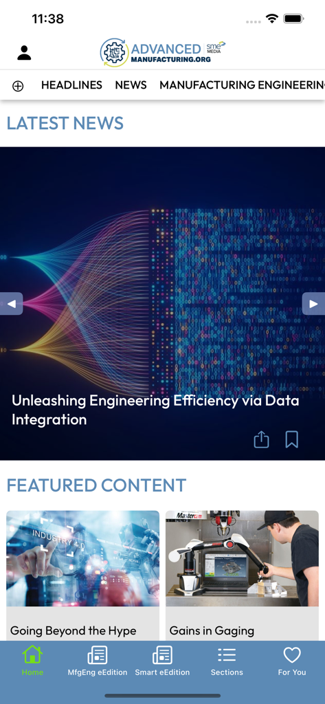 Startbildschirm der Advanced Manufacturing App mit Industrienachrichten und Ingenieurartikeln.