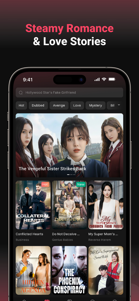 MinuteDrama - Short Drama - Pantalla de smartphone mostrando la aplicación MinuteDrama con varias historias cortas de romance y drama.