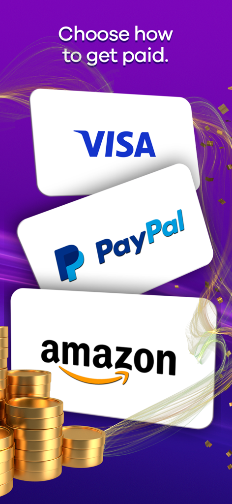Visa PayPal and Amazon gift card payment options on a purple background with gold coins