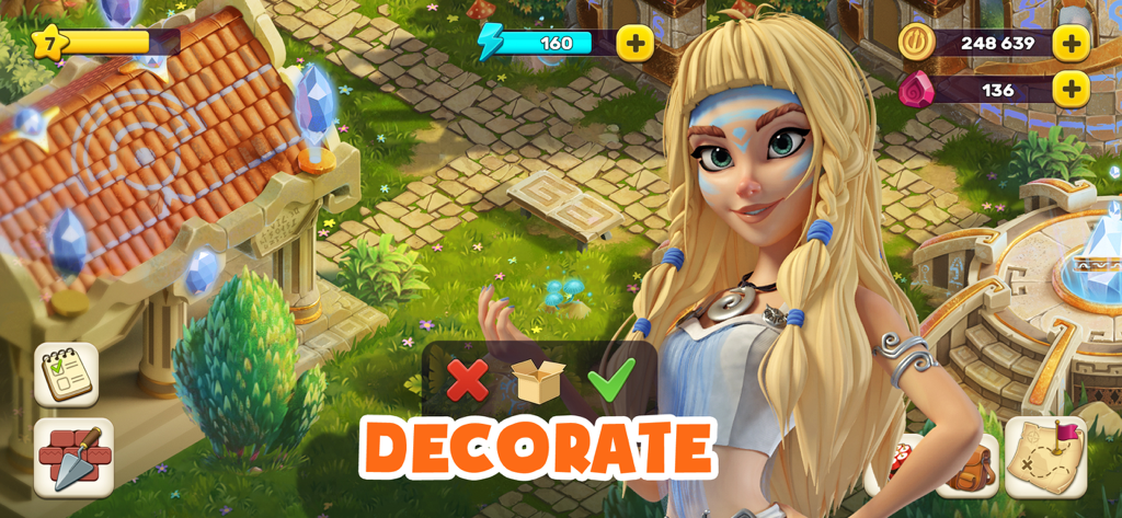 Atlantis Odyssey - An Atlantean character stands in front of ancient ruins with a decorate prompt in the game Atlantis Odyssey