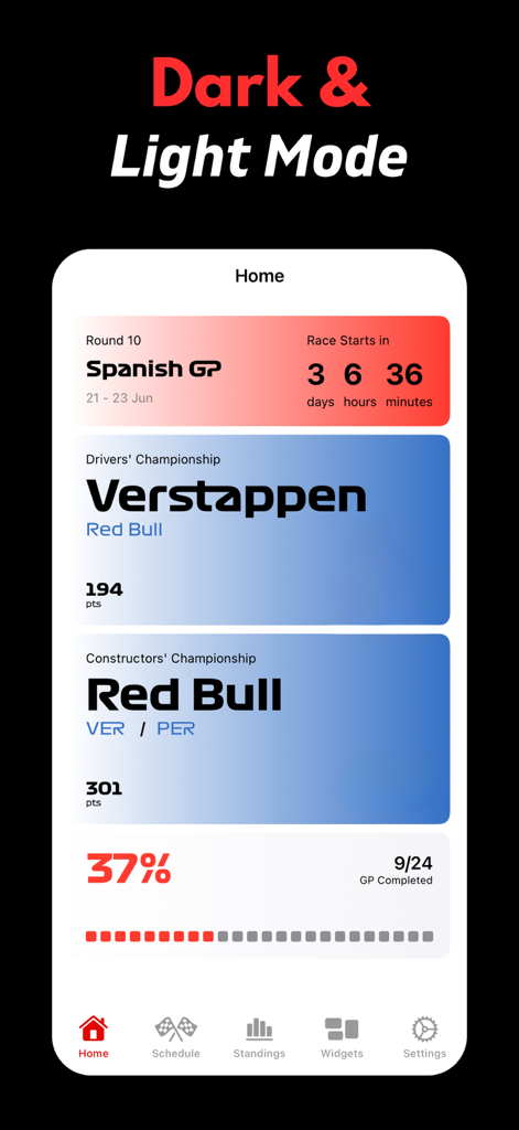 Race Widgets: PitStop Pro - Startbildschirm der Race Widgets Pitstop Pro App mit Formel-1-Renn-Countdown und Meisterschafts-Ranglisten