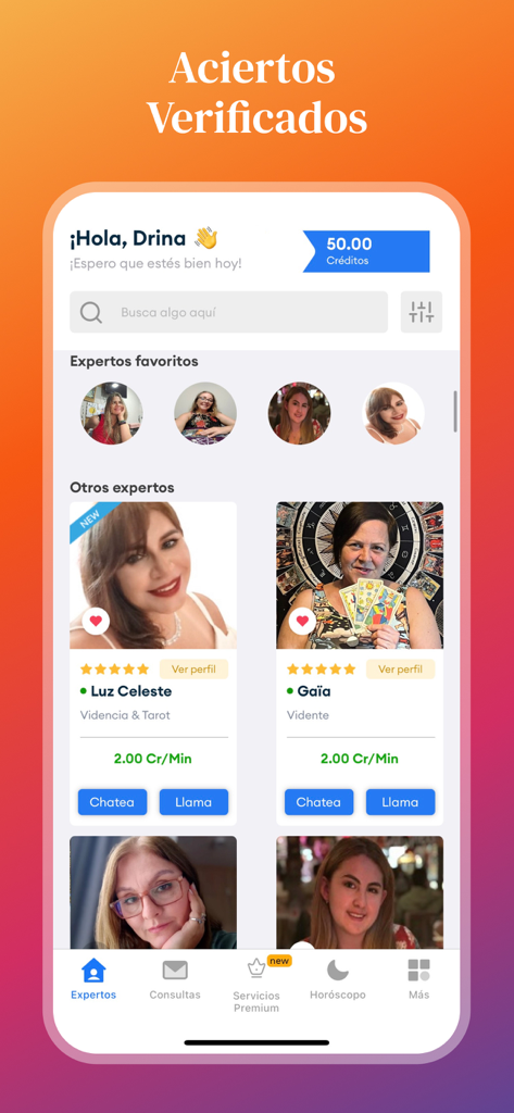 Mi Vidente: Psiquicos Reales - Pantalla de inicio de la app Mi Vidente mostrando una lista de asesores psíquicos profesionales y lectores de tarot