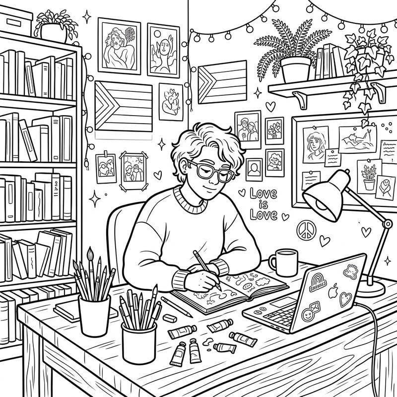 Discover a unique environmental self-portrait coloring page, showcasing an artist immersed in their creative and personal space. This intricate design invites you to bring a vibrant and inclusive world to life with your favorite colors.
