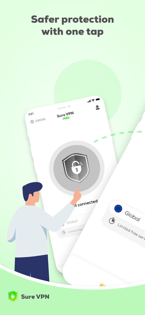 SureVPN: Fast & Secure VPN - A person tapping a phone screen to activate secure VPN protection with one tap