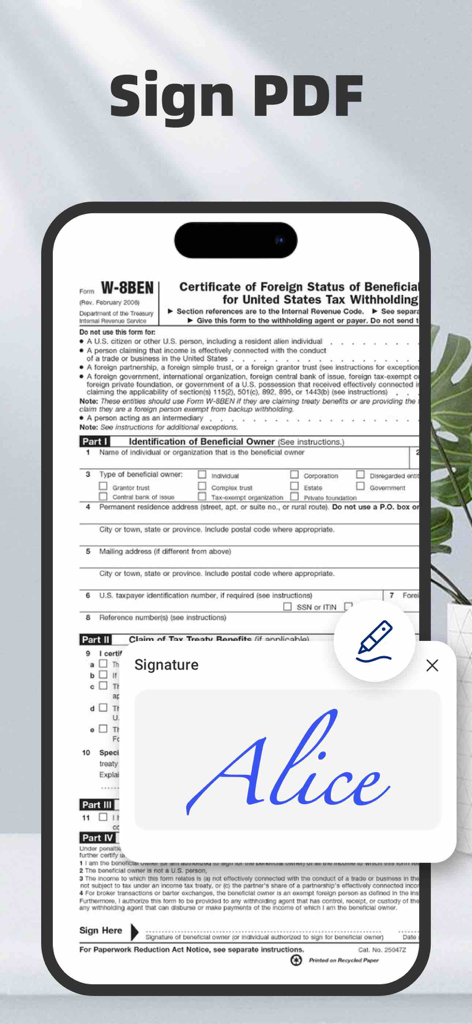 AI PDF Converter: Files to PDF - Bildschirm einer mobilen App, der die digitale Signaturfunktion auf einem PDF-Dokument zeigt