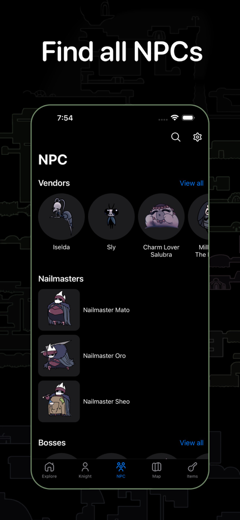 Screenshot of the NPC section in the Guide for Hollow Knight app displaying categories for vendors and nailmasters with character portraits.