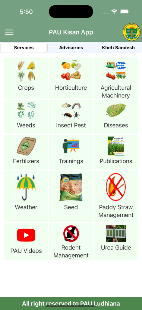 Main services dashboard of the PAU Kisan App displaying icons for farming categories like crops, weather, and seeds