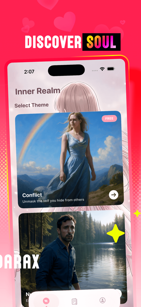 Darax - Una interfaz móvil para la aplicación Darax que muestra la pantalla Inner Realm con opciones para seleccionar temas emocionales como Conflicto