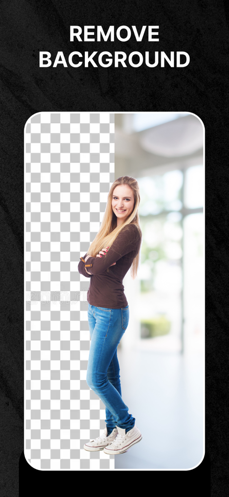 Uma captura de tela do aplicativo AI Photo Enhancer demonstrando a ferramenta de remoção de fundo com uma mulher sorridente