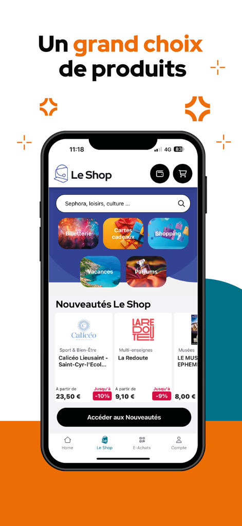 advanGO app shop interface showing employee benefits and discount categories like gift cards and travel