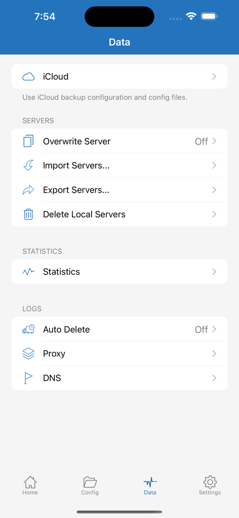Shadowrocket-App-Datenregisterkarte mit iCloud-Synchronisierungsoptionen und Einstellungen zur Serververwaltung.