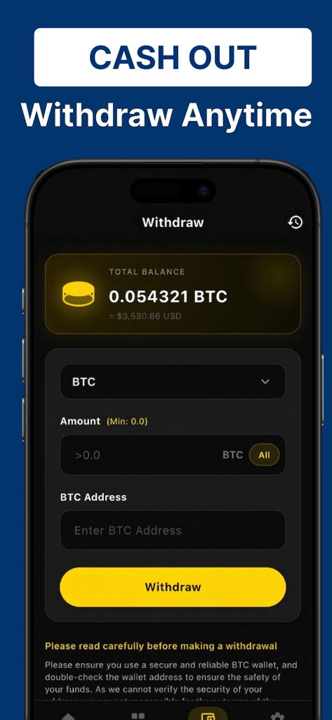 Veltrix: BTC Cloud Miner - Interface de retirada do aplicativo Veltrix BTC Cloud Miner mostrando saldo de Bitcoin e opções de saque