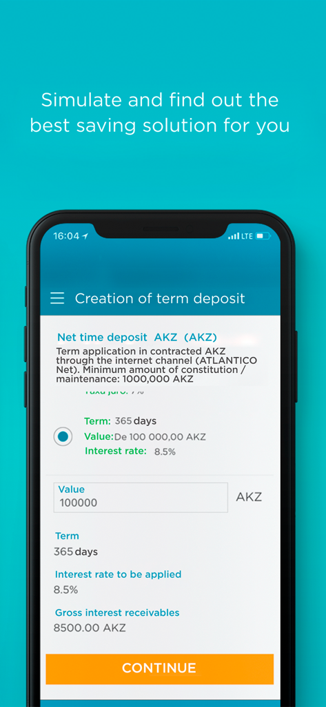 Pantalla de creación de depósito a plazo en la aplicación Banca Móvil ATLANTICO mostrando simulación de ahorros